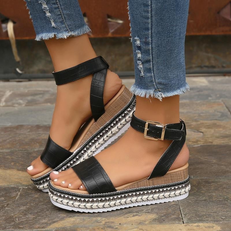 Summer Sandals Buckle Strap Hemp Wedges Platform Peep Toe Shoes Women ARZ