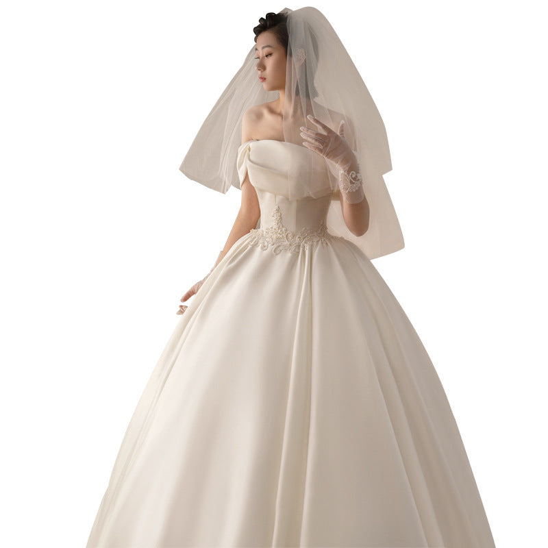 Women's Satin Off-shoulder Retro Fashion Trailing Wedding Dress ARZ