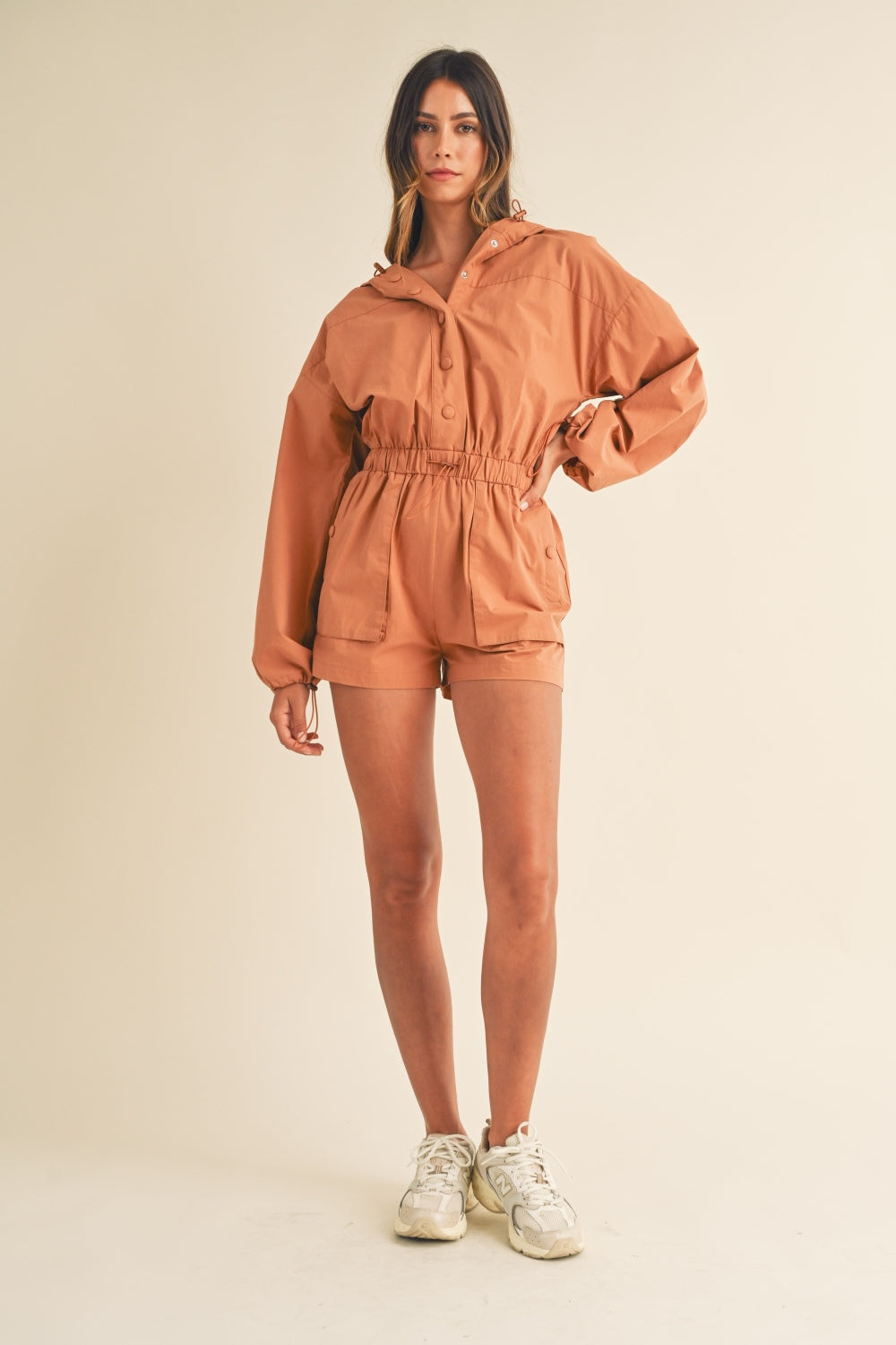 Mable Snap Down Long Sleeve Hooded Romper Trendsi