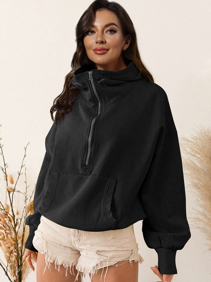 Zip-Up Dropped Shoulder Hoodie Trendsi