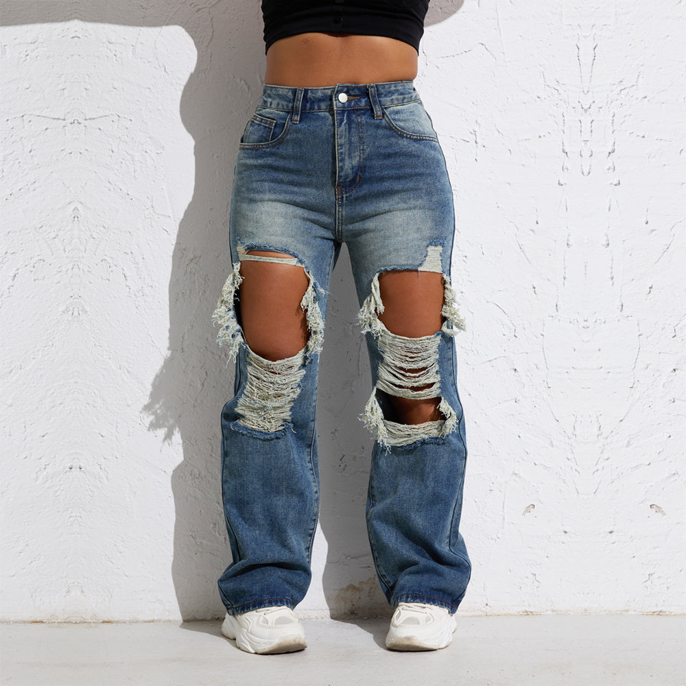 Shascullfites Melody Blue Wash Ripped Retro Stright Leg Jeans Women's Pants Denim Pants Jeans Wide Streetwear ARZ