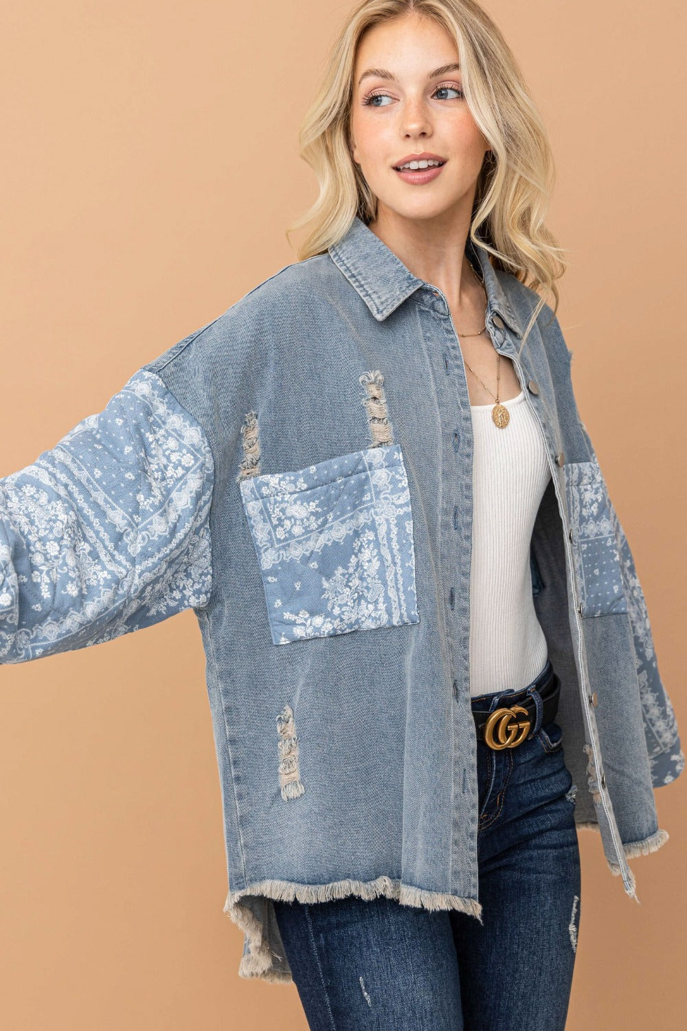 And The Why Full Size Paisley Print Quilted Sleeves Denim Jacket Trendsi