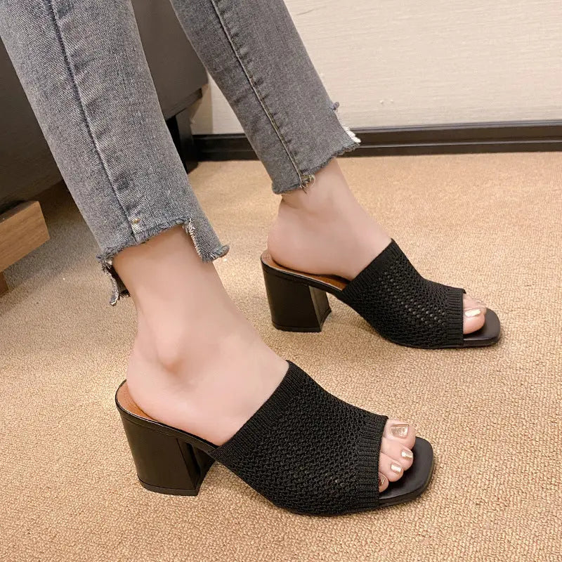 Block Heel Knit Sandals Trendsi