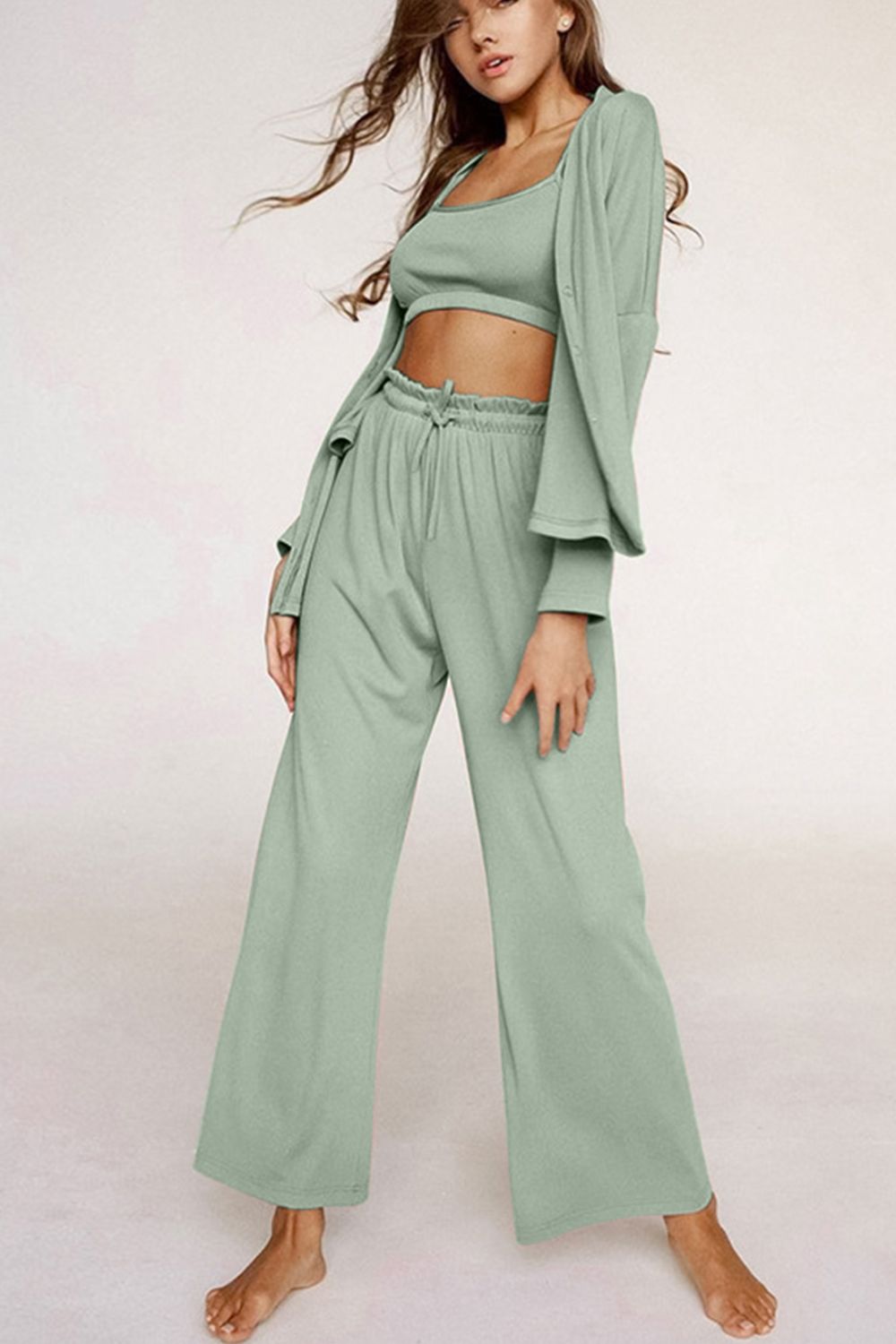 Spaghetti Strap Bra, Open Front Cardigan and Drawstring Pants Set Trendsi