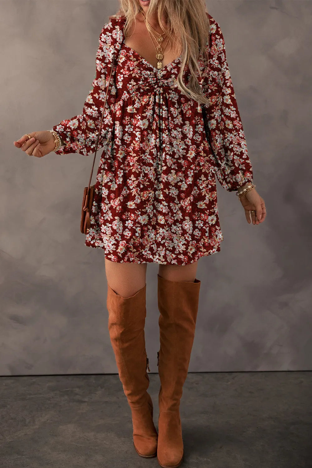 Ruched Printed Long Sleeve Mini Dress Trendsi