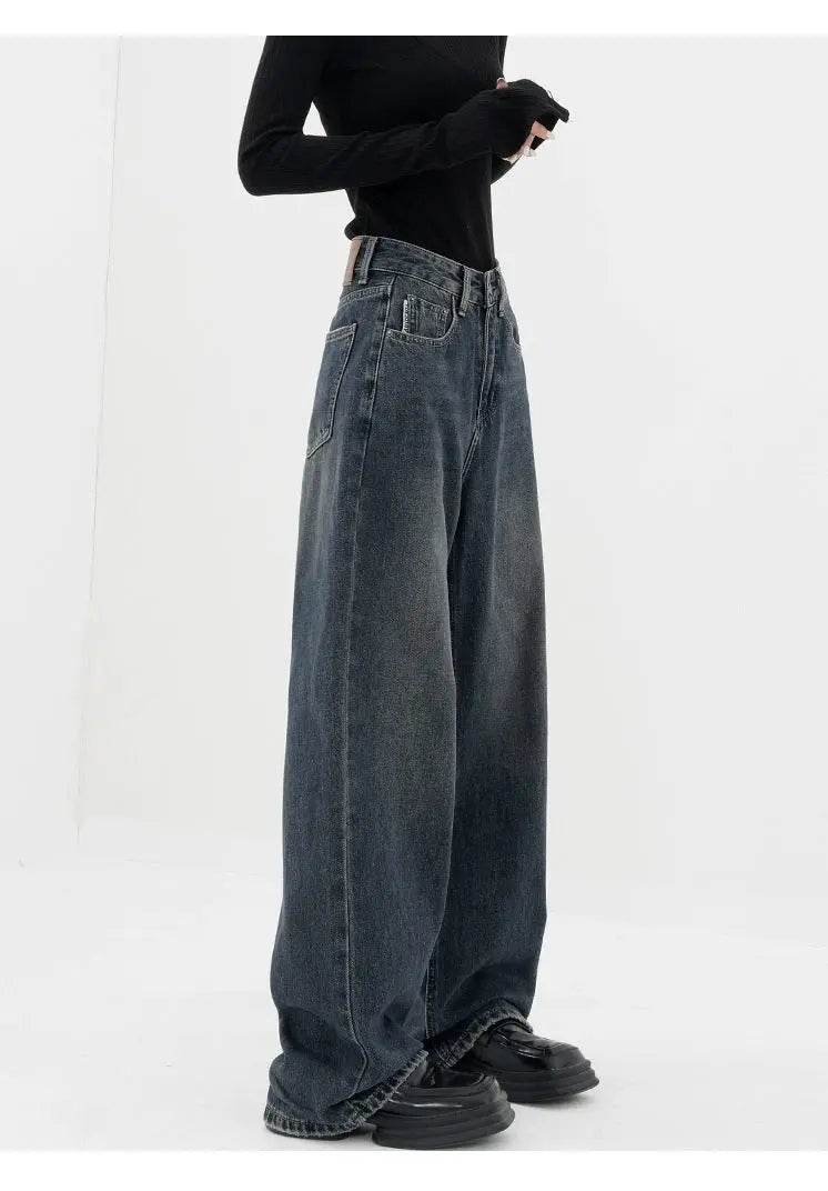 Retro Dark Blue Wide Leg Jeans Baggy Straight Trousers ARZ