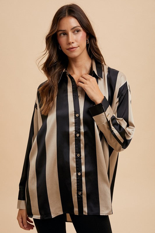 Annie Wear Striped Dropped Shoulder Button Up Shirt Trendsi