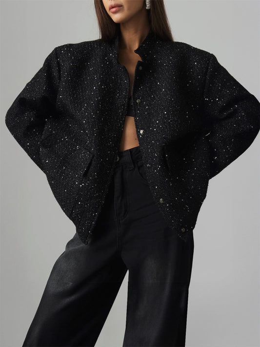 Sequin Detail Pocketed Long Sleeve Jacket Trendsi