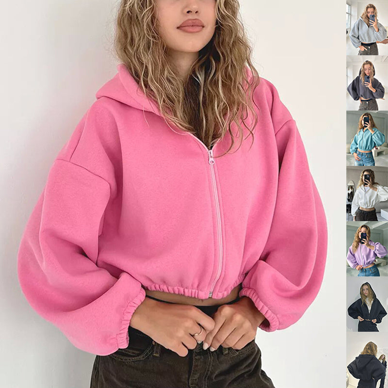 Casual Solid Color Hooded Short Jacket Y2K Fashion Sports Sweatshirt Long Sleeve Zip Up Cardigan Hoodies Women's Clothing ARZ