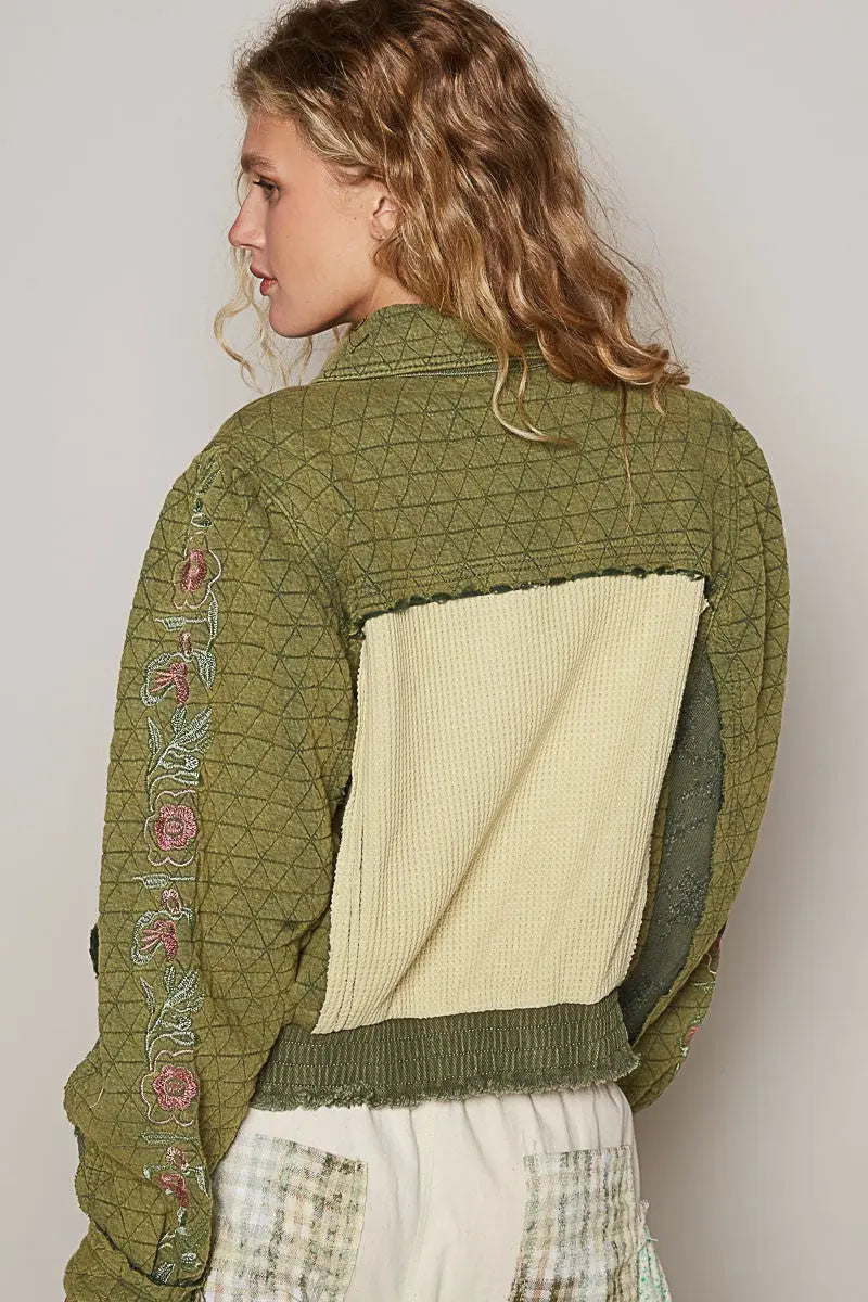 POL Embroidered Sleeve Raw Edge Quilted Jacket Trendsi