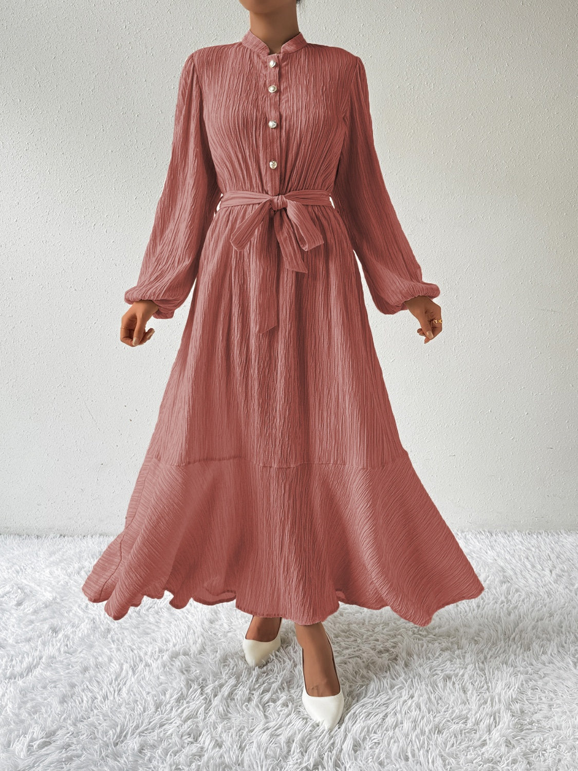 Honey Tie Waist Long Sleeve Dress Trendsi