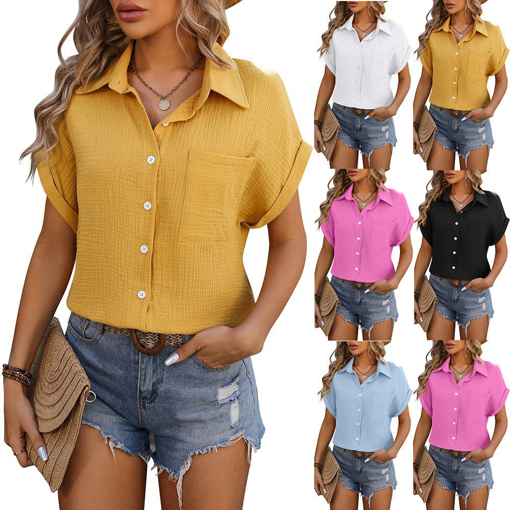 Summer Loose Short Sleeve Pocket Casual Champray Shirt Womens Clothing ARZ