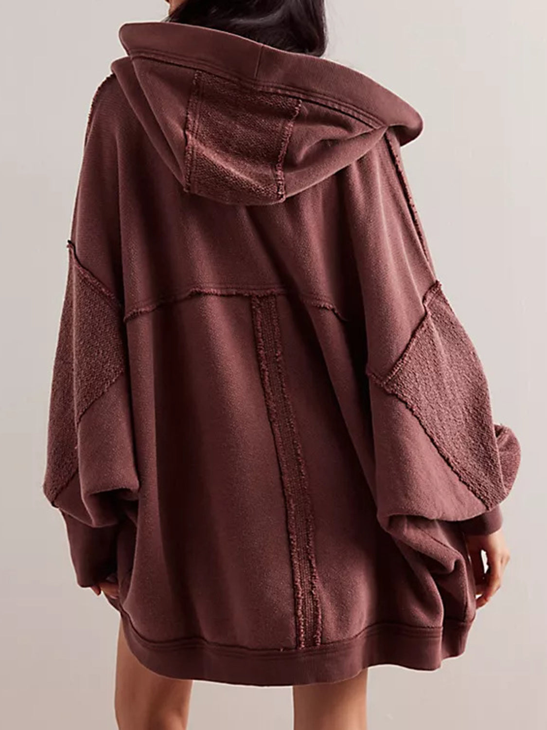 Exposed Seam Open Front Batwing Sleeve Hooded Cardigan Trendsi