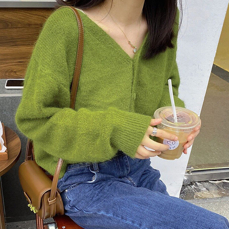 Knitted Cardigan Vintage Avocado Green V-neck Lazy Style Sweater ARZ