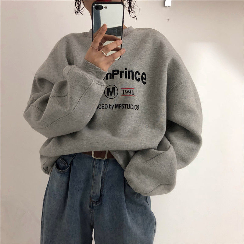 Loose Vintage Gray Round-collar Hoodless Sweater Women ARZ