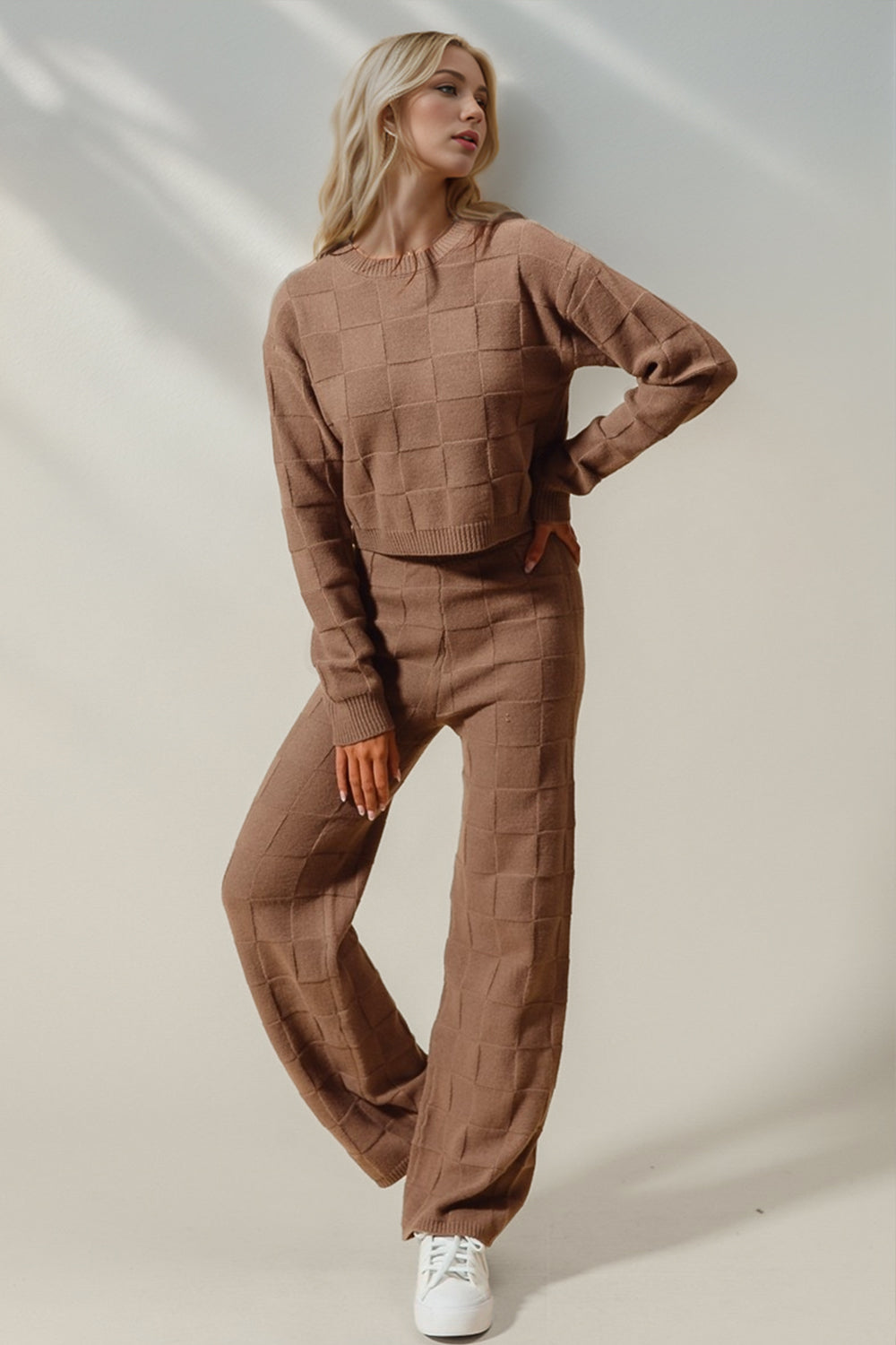 Double Take Full Size Checkered Round Neck Top and Pants Set Trendsi