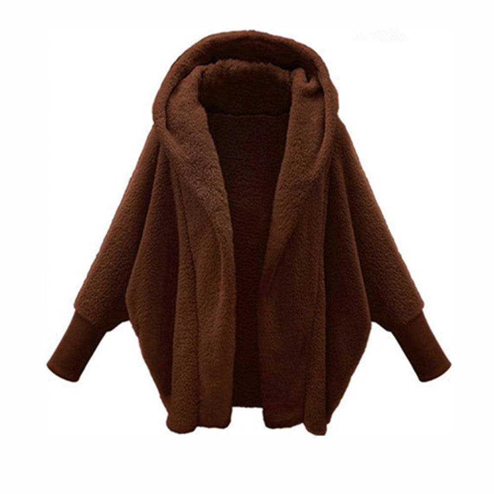 European And American Women's Clothing Solid Color Long Sleeve Hooded Loose Plush Coat ARZ