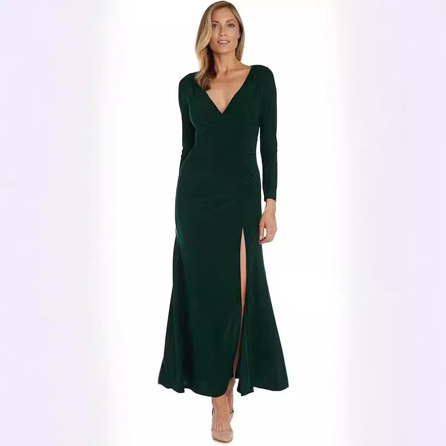 Skinny V-neck Pleated Long Sleeve Dress ARZ