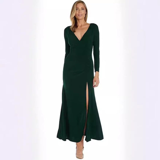 Skinny V-neck Pleated Long Sleeve Dress ARZ