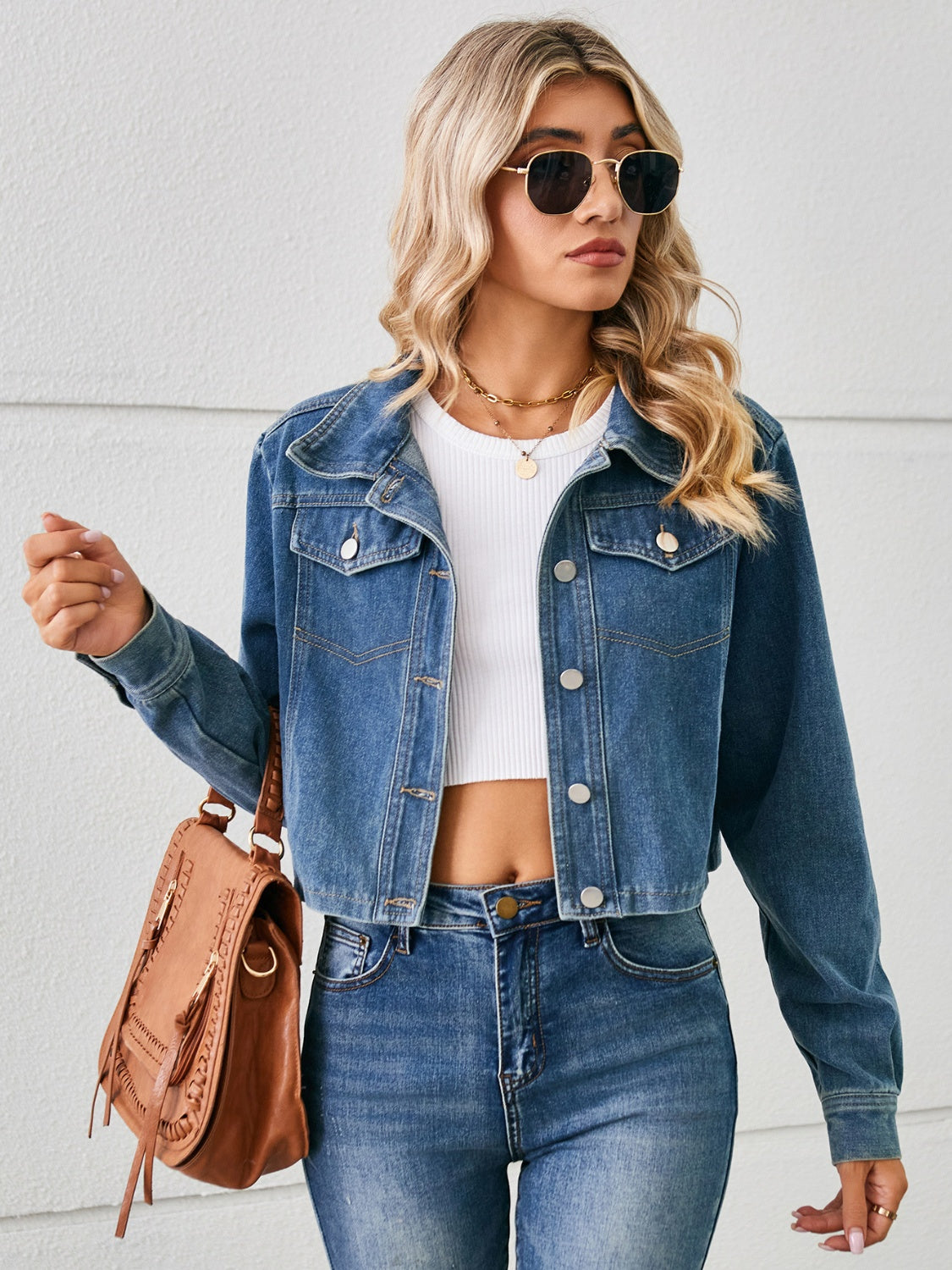 Button Up Long Sleeve Denim Jacket Trendsi