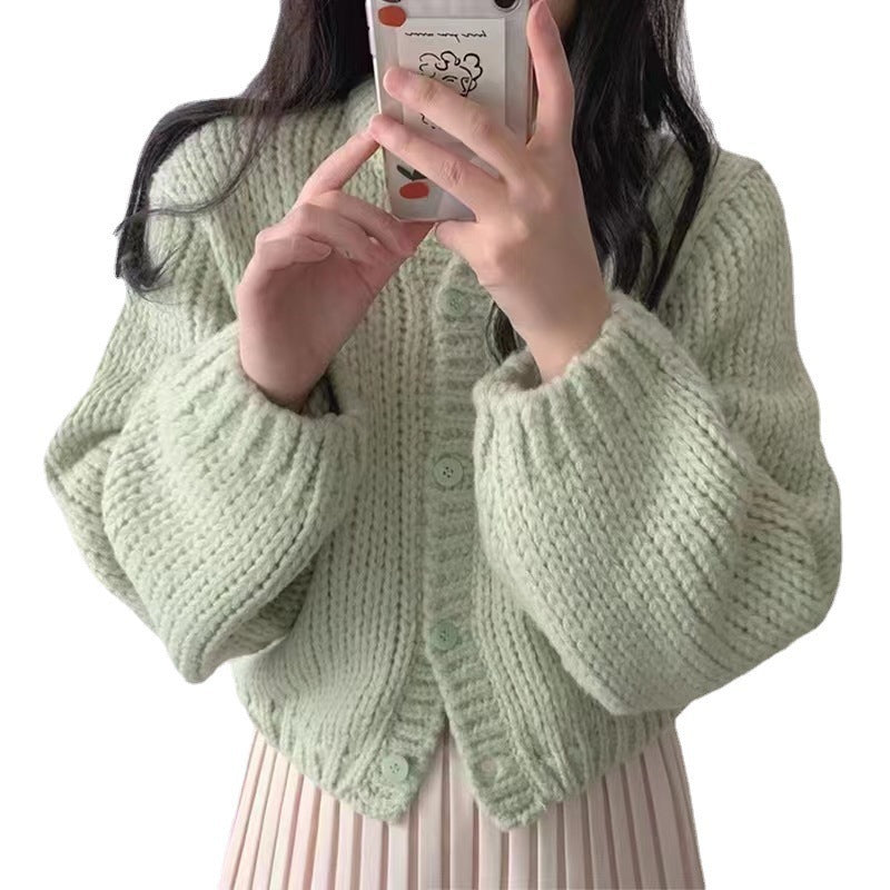 Women's Round Neck Lantern Sleeve Knitted Cardigan ARZ