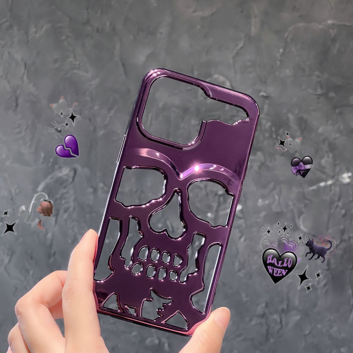 Luxury Plating 3D Skull Phone Case For I-Phone 14 Pro Max 13 12 11 Plus Breathable Glossy Hollow Out Gold Metallic Paint ARZ