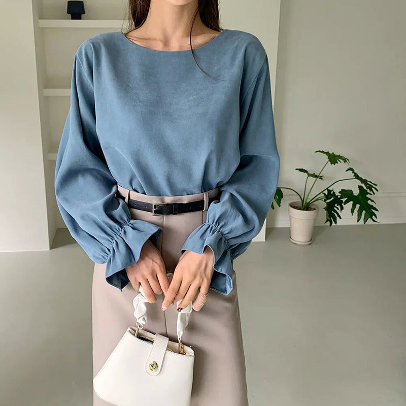 Pure Color Casual Versatile Round Neck Long Sleeve Top ARZ