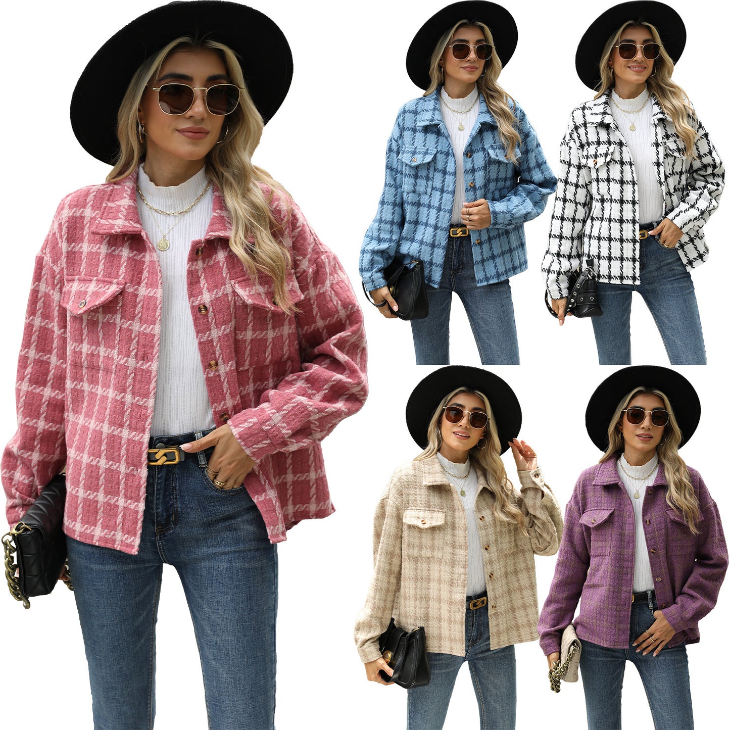 Women's Lapel Plaid Long Sleeve Baggy Coat ARZ