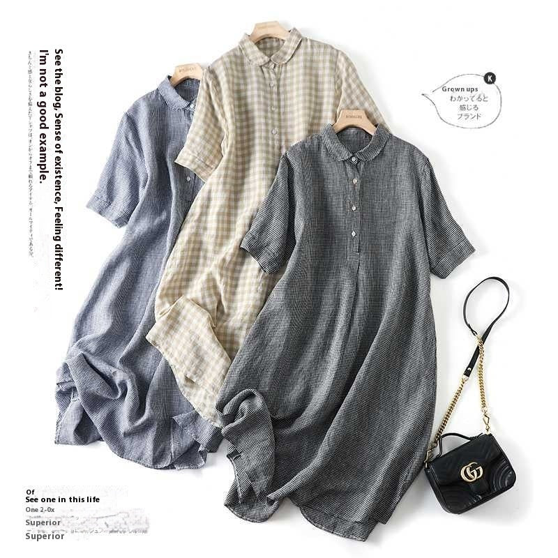 Japanese Yarn-dyed Linen Plaid Dress Retro Easy Matching ARZ