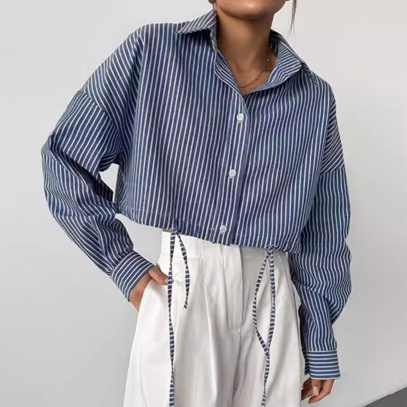 Long Sleeve Niche Cropped Striped Shirt Fashion ARZ