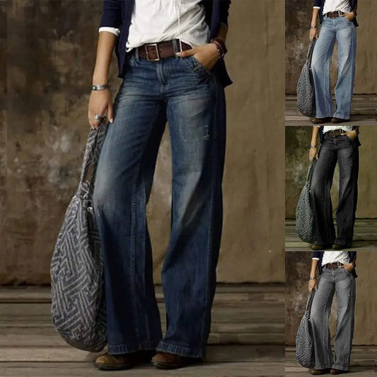 Retro Casual Jeans With Pockets Fashion Straight Trousers Leg Wide Leg Pants For Women ARZ