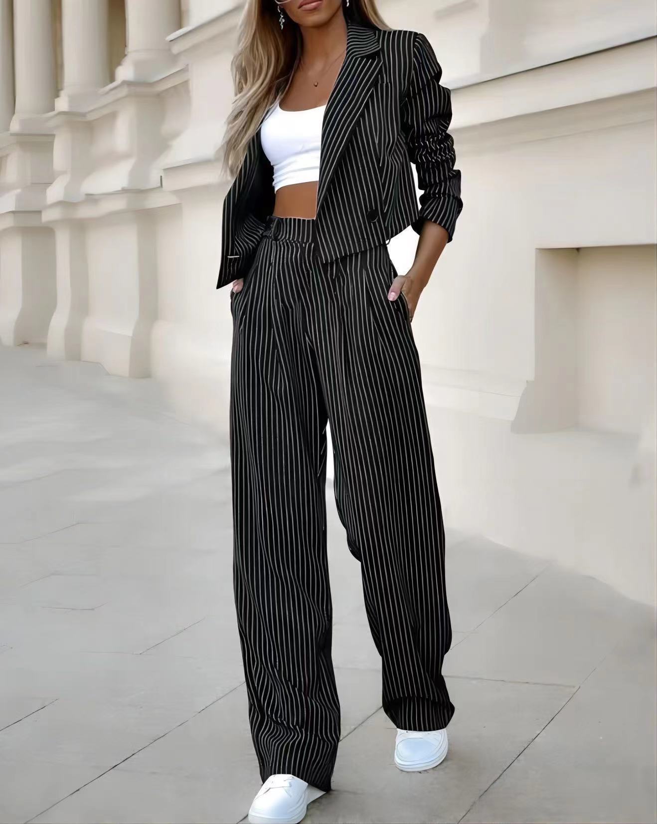 Fashion Striped Suits Casual Lapel Long Sleeve Cropped Top And Straight Pants Outfits Women's Clothing ARZ