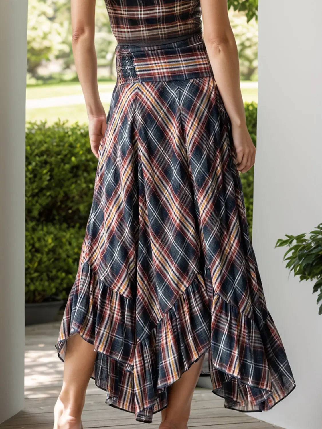 Plaid Asymmetrical Ruffle Hem Skirt Trendsi