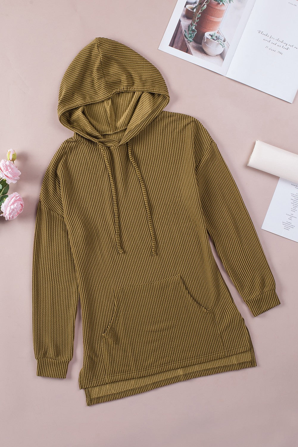 Drawstring Texture Long Sleeve Hoodie Trendsi