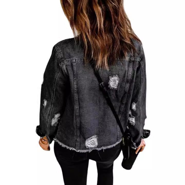 Female Creative Perforated Denim Long Sleeved Shirt ARZ