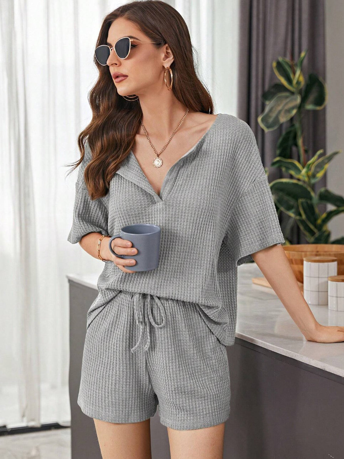 Full Size Waffle-Knit Dropped Shoulder Top and Shorts Set Trendsi