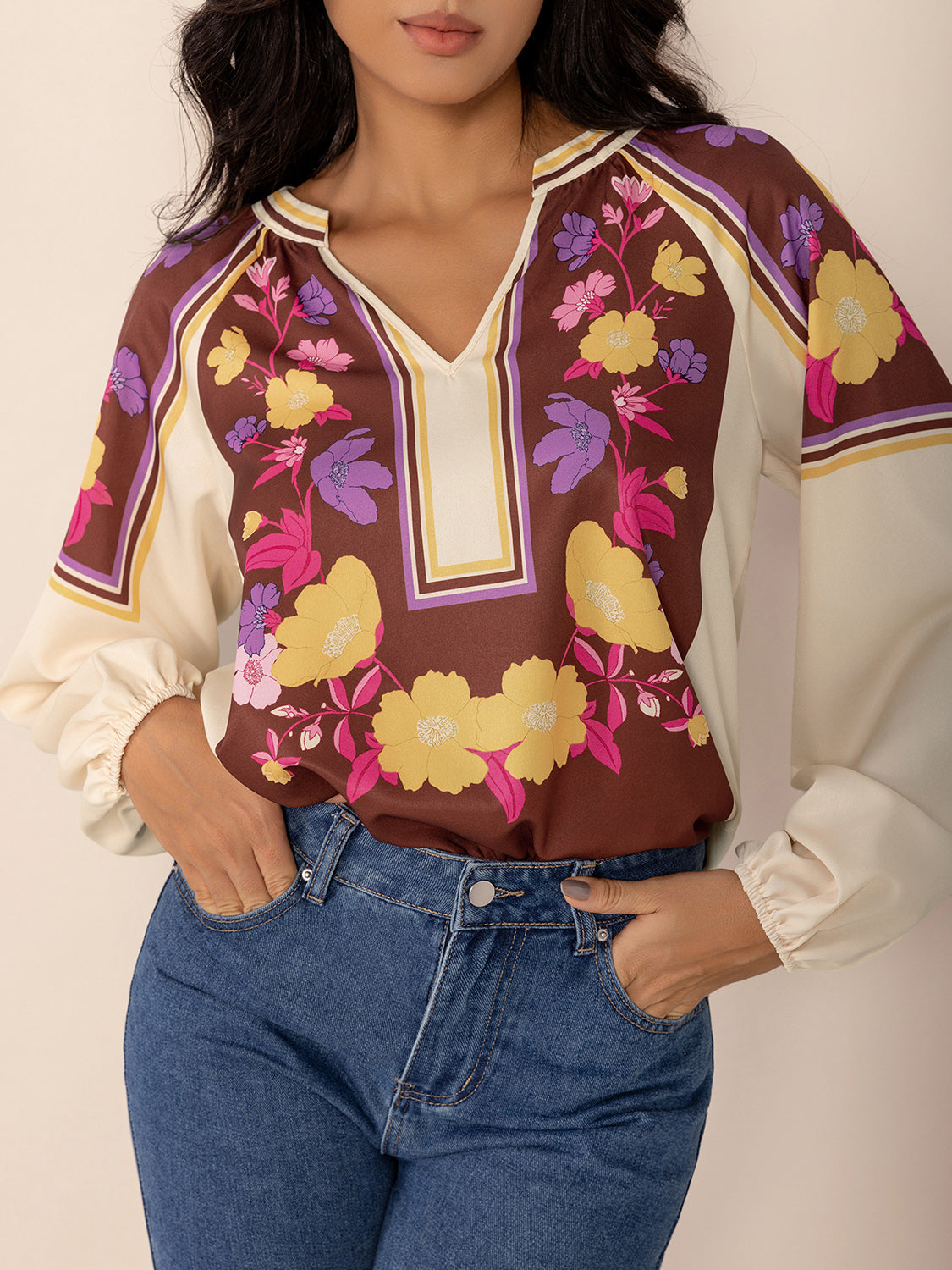 Printed Notched Long Sleeve Blouse Trendsi