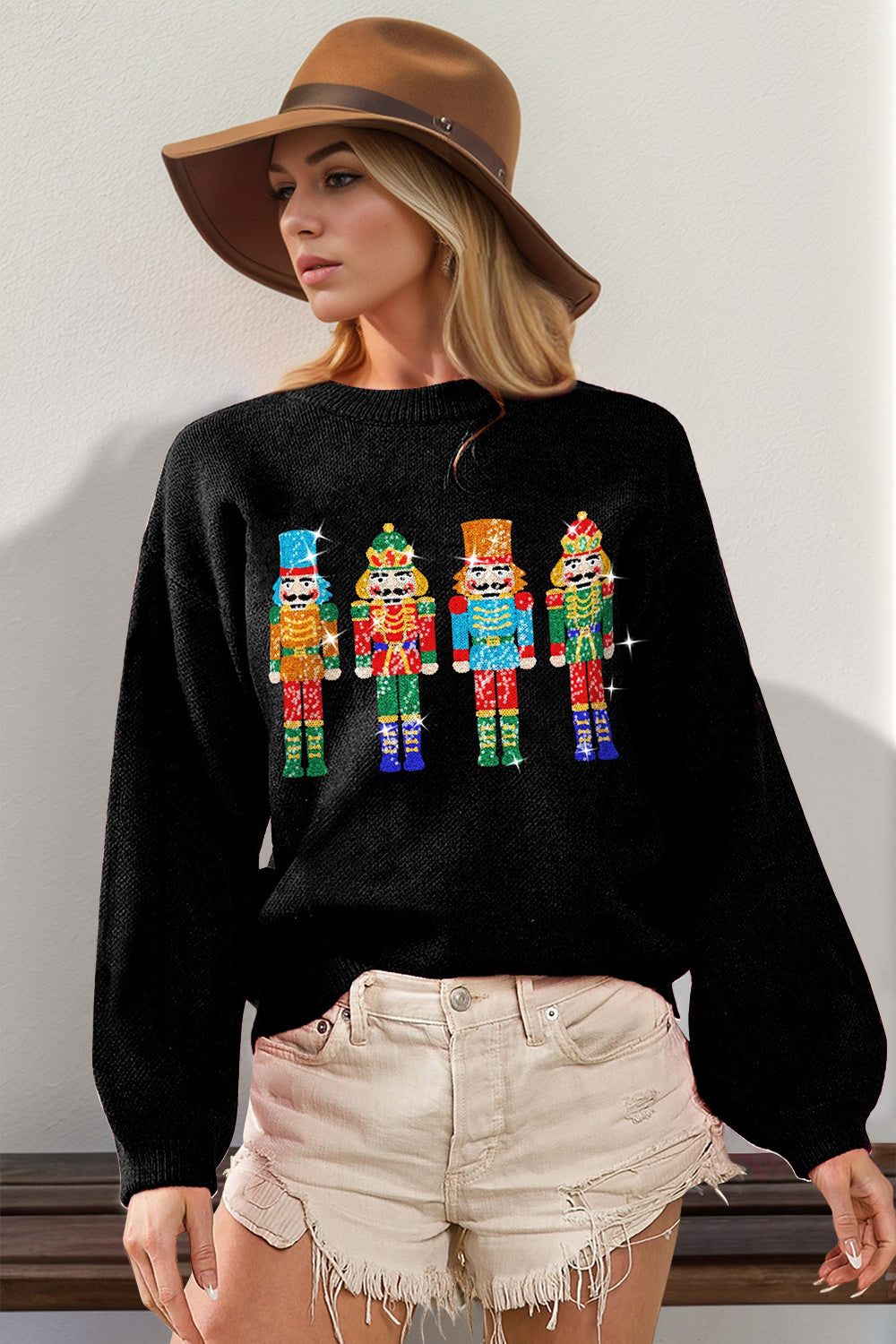 Double Take Full Size Sequin Nutcracker Long Sleeve Sweater Trendsi