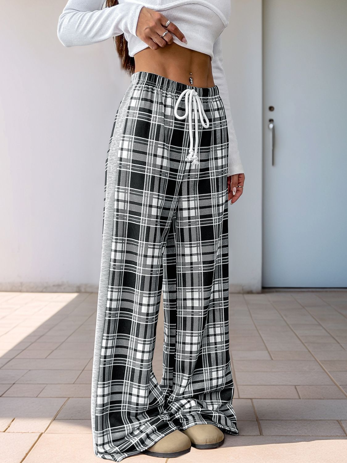 Perfee Drawstring Plaid Wide Leg Pants Trendsi