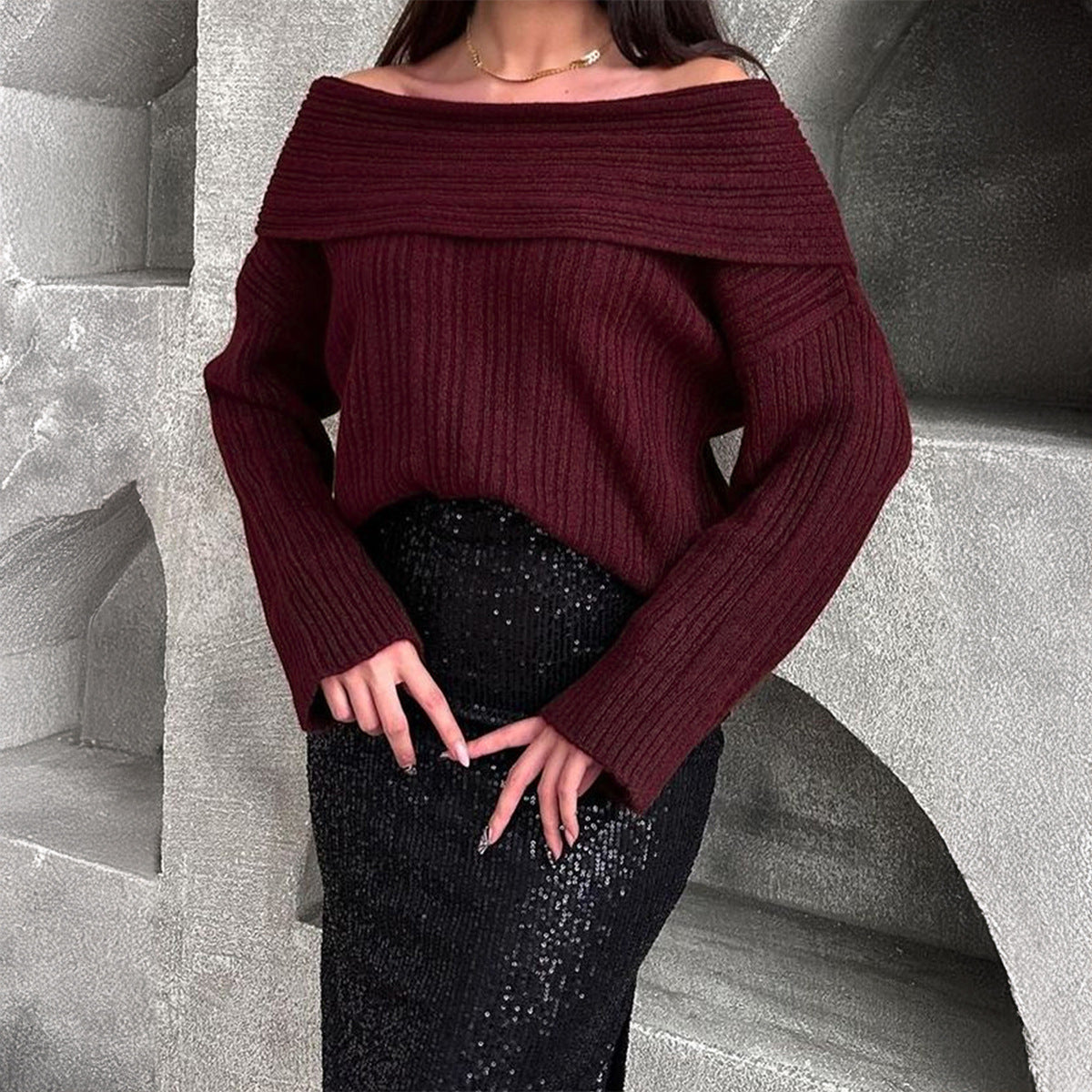 Loose Pullover Trumpet Sleeve Sweater Y2K Fashion One-shoulder Knitted Tops Winter Womens Clothing ARZ