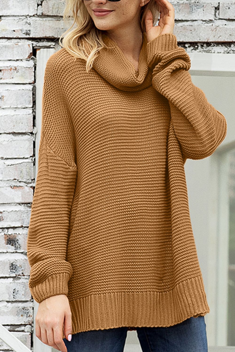 Side Slit Turtleneck Long Sleeve Sweater Trendsi