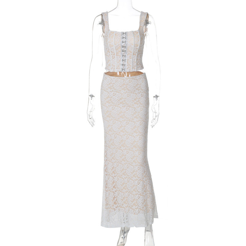 Breasted Sling Double-layer Stitching Lace Long Dress Suit ARZ