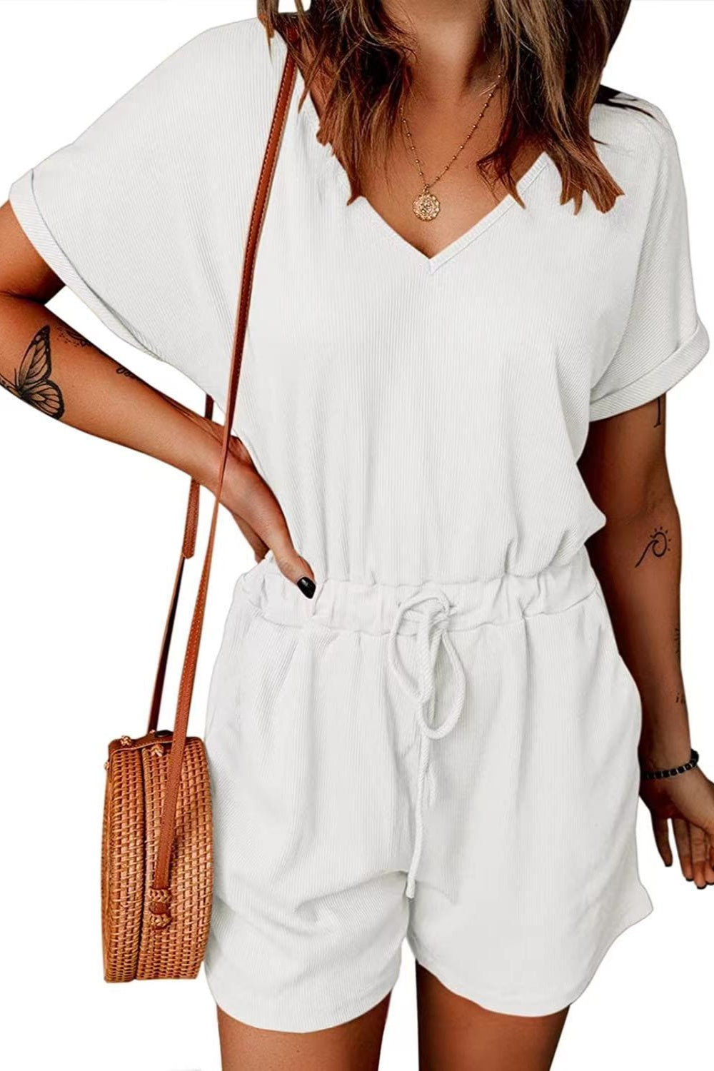 Full Size Drawstring V-Neck Short Sleeve Romper Trendsi