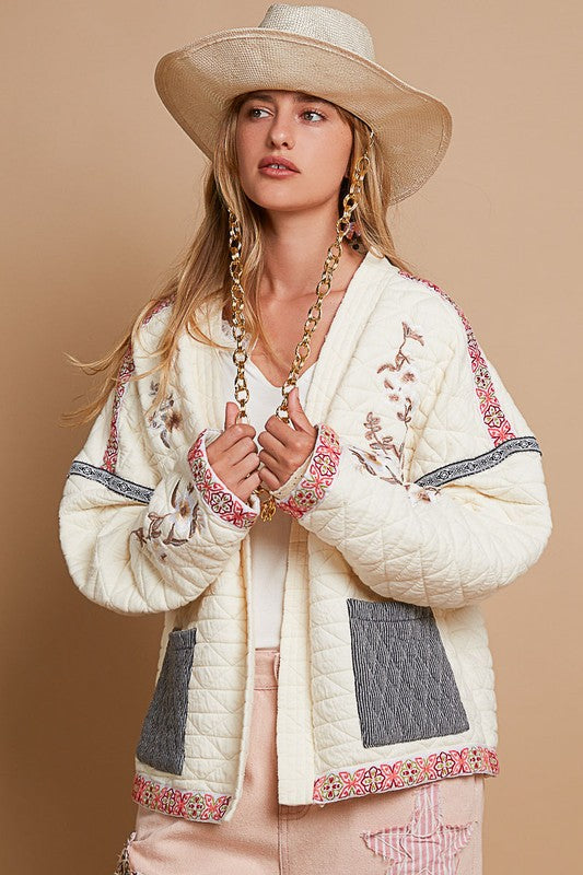 POL Embroidered Open Front Long Sleeve Jacket Trendsi