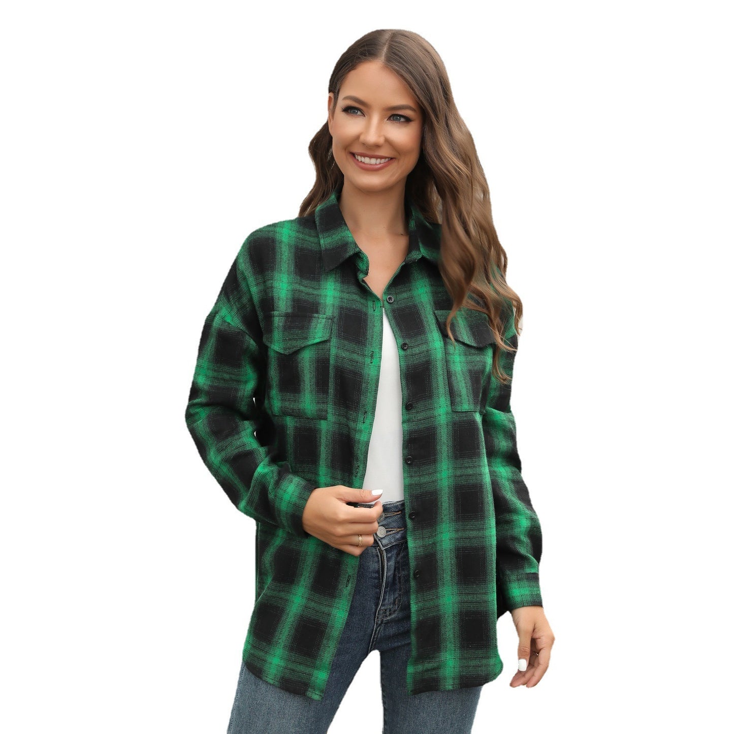 Plus Size Women's Long Sleeve Plaid Button Shirt ARZ