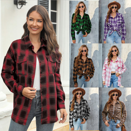 Plus Size Women's Long Sleeve Plaid Button Shirt ARZ