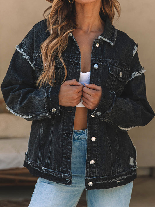 Button Up Raw Hem Distressed Denim Jacket Trendsi