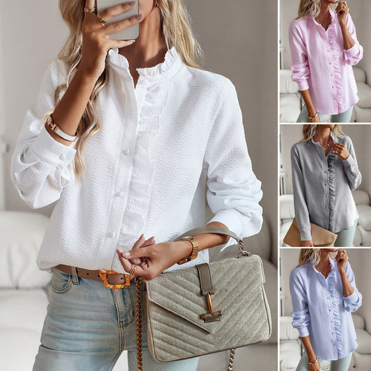 Striped Long Sleeve Shirt Fashion Ruffle Design Button Up Tops Casual Office Blouse Elegant Commuting Women's Clothing ARZ