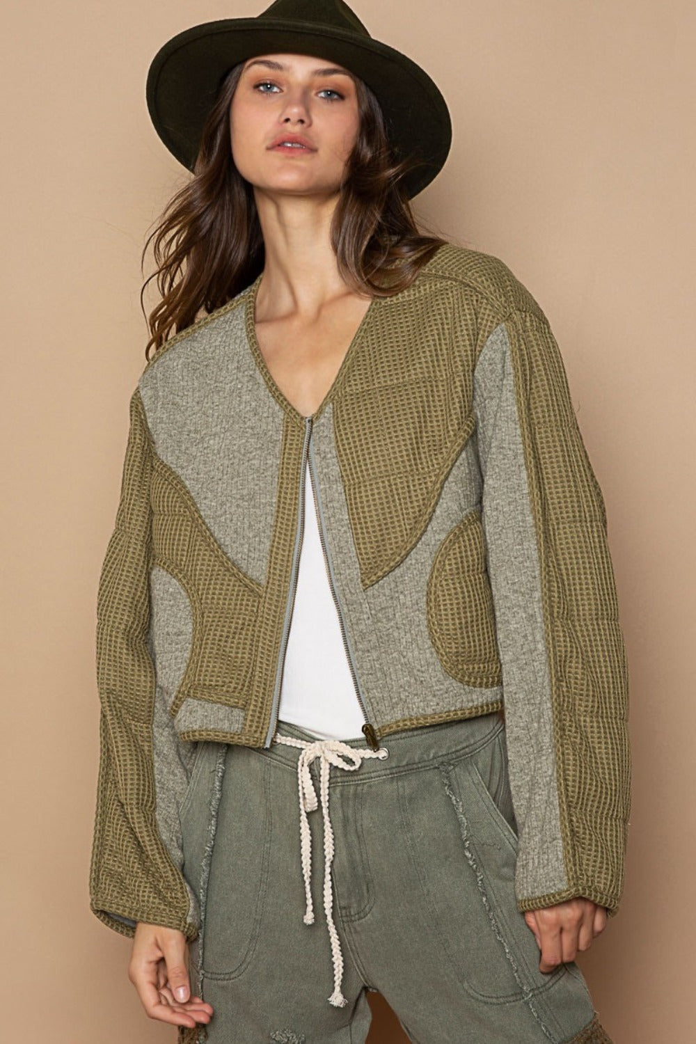 POL Quilted Knit Viding Detail Knit Patch Jacket Trendsi