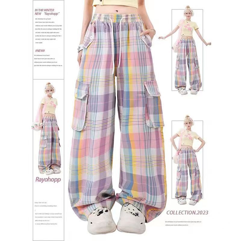 Women's Dopamine Wear Color Plaid Multi-pocket Straight-leg Pants ARZ